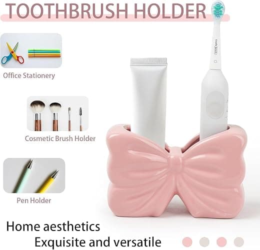 Bow Toothbrush Holder, Pink Ceramic Multi-Purpose 2-Section Organizer for Bathroom, Kitchen, Bedroom, Office Decor thumbnail 4