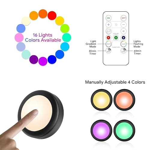 Yiliaw 3 Pack LED Puck Lights Remote Control 16 Color Changeable Under Cabinet Lights, Battery Operated Lights Night Light with Dimmer & Timmer for Closet Bedroom Kitchen, Black thumbnail 5