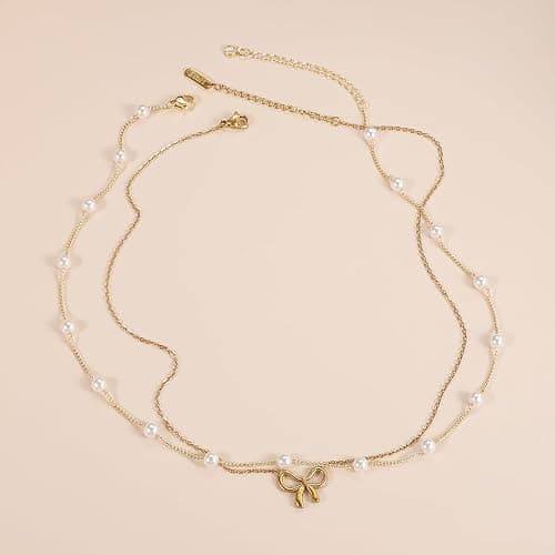 Qitian 18K Gold Plated Satellite Pearl & Bow Pendant Necklace for Women, Adjustable Layered Choker Chain Jewelry, Mini Gold Pearl Necklace Gift thumbnail 4