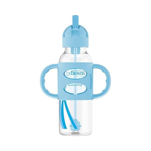 Dr. Brown's Milestones Narrow Sippy Straw Bottle, Spill-Proof with 100% Silicone Handles and Weighted Straw, 8 oz/250 mL, Gray & Blue, 6m+ thumbnail 6