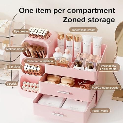 KQJS Makeup Organizer with Drawers,Large Capacity Countertop Organizer for Vanity,Bathroom and Bedroom Desk Cosmetics Organizer,Easy To Storage Skincare,Brushes,Lotions,Lipstick (All Pink) thumbnail 4