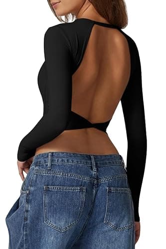 QINSEN Women's Crew Neck Open Back Long Sleeve Basic Crop Tops Stretch Backless Going Out Tee Shirt - Image 1