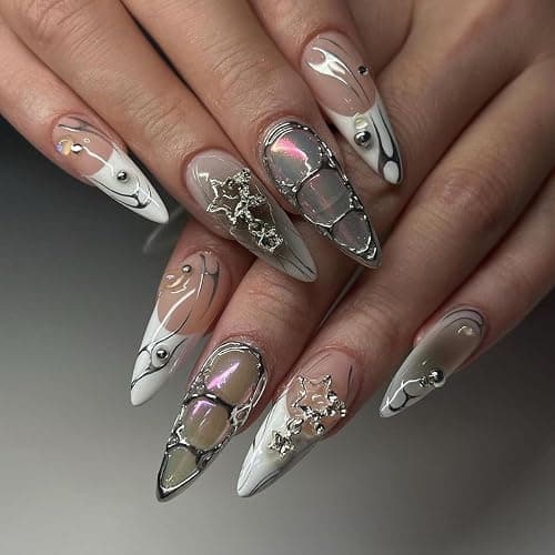 MouyouGlow Press on Nails Kurz,Almond Nude Weiß French Verlauf Schwarz 3D Chrome Stars Silber Feuer Rhinestones Cool Y2K Coquette Gothic Fake Nails,Fantasy Grey Künstliche Fingernägel - Image 1