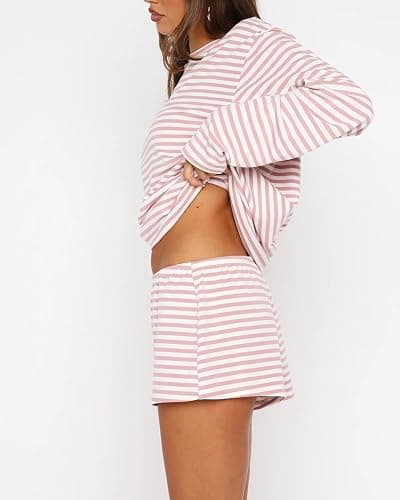 RUEWEY Women Striped Pajamas Set Crewneck Long Sleeve Loose Top Shorts Two Piece Lounge Sets thumbnail 4