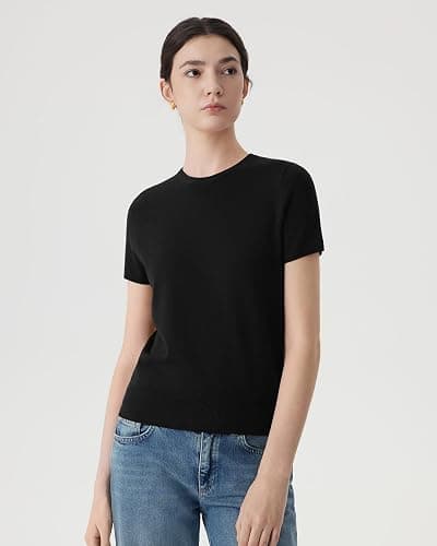 SUUKSESS Women Silk Cashmere Blend Crew Neck Short Sleeve Sweaters Casual Blouse thumbnail 2