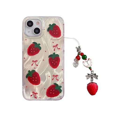 Tewwsdi Cute Glitter Strawberry Phone Case with Charm for iPhone 15,Kawaii Red Bow Polka Dot Design Aesthetic Fruit Summer Phone Girly Women,Never Fade ,1.5mm Raised Edges Protect(with Charm,6.1”) - Image 1