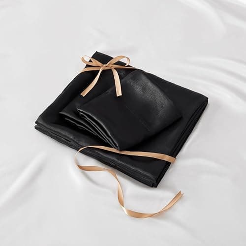 BEDELITE Satin Fitted Sheet and Pillowcases Set, Luxury Soft Similar to Silk Bottom Bed Sheet with Elastic Corner Straps, Deep Pocket up to 15 Inch, 1 Fitted Sheet and 2 Pillowcases(Full, Black) thumbnail 6