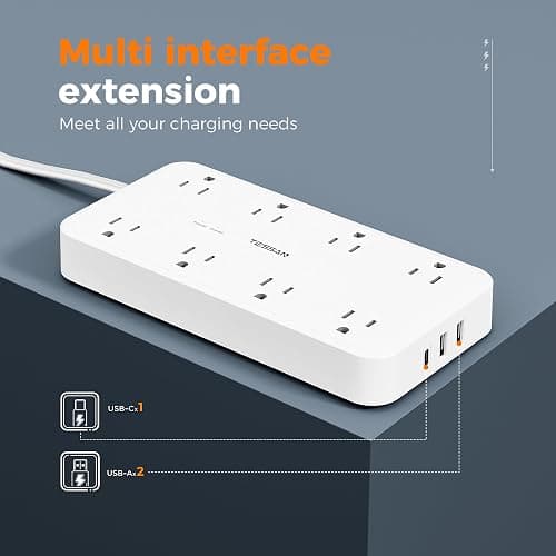 Power Strip with Surge Protection, TESSAN Flat Plug Extension Cord with 8 Outlets 3 USB Ports(1 USB C), 1080 Joules, 6 Ft, Wall-Mounted Charging Station for Apartment Office Dorm Room Essentials thumbnail 4