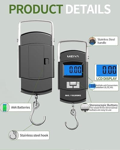 MEIYA Fish Scale 110lb/50kg Digital Fishing Scale with Backlit LCD, Portable Handle, Stainless Steel Hook & 2 AAA Batteries – Reliable Fishing Gear & Great Fishing Gifts for Men thumbnail 3