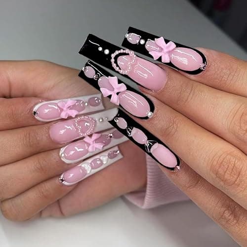 plalely Square Press on Nails Long Black and White Fake Nail Pink Bow with Heart Shape Water Drop Acrylic Nail Press ons Glossy Rhinestones Stick on Nail for Women 24pcs - Image 1