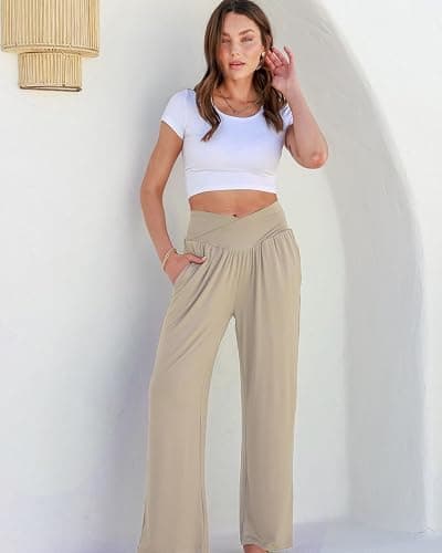 Kivdol 3 Pack Women's Wide Leg Pants Crossover with Pockets High Waist Loose Sweatpants Casual Lounge Yoga Workout Palazzo thumbnail 2