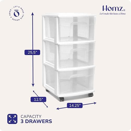 HOMZ Drawer Tower, 3-Tier Clear Plastic Storage Organizer Cart, White Frame - Heavy-Duty Organizing Drawers for Home, Bedroom, and Closet Organization thumbnail 3