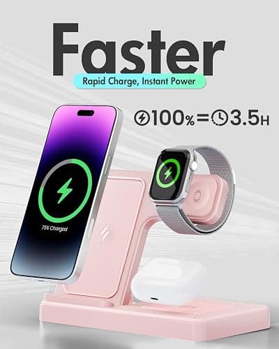 Wireless Charger Stand Charging Station: 3 in 1 Charger Stand Multiple Devices for Apple - iPhone 17 16e 16 15 14 Pro Max 13 12 11 - Watch 10 9 8 7 6 5 4 3 2 SE and Ultra Series-Airpods 4 3 Pro, Pink thumbnail 5