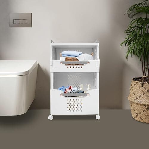 2-Tier Laundry Basket with Wheels, Stackable Storage Bins, Plastic Foldable Laundry Room Bathroom Storage Organizer thumbnail 6