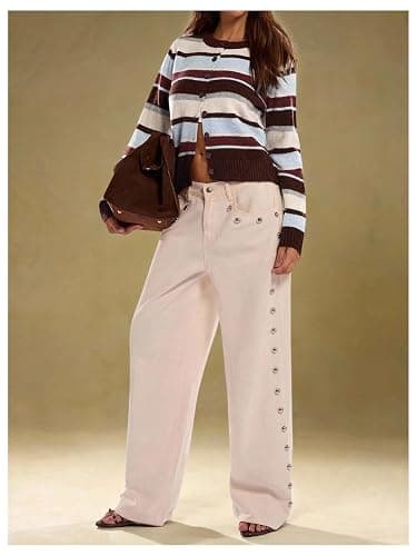 RoseSeek Women's Striped Color Block Cropped Cardigan Button Down Long Sleeve Old Money Sweaters thumbnail 5