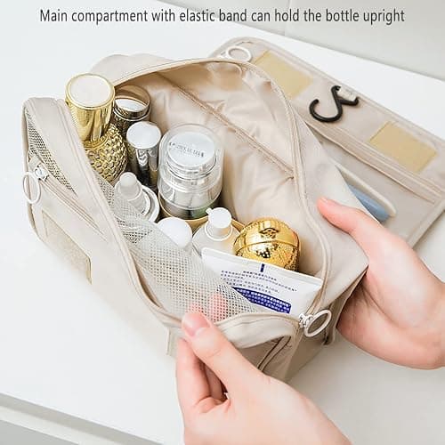 IMCUZUR Hanging Travel Toiletry Bag for Women, Water-resistant Makeup Bag Cosmetic Organizer for Traveling Accessories Toiletries (Beige) thumbnail 5