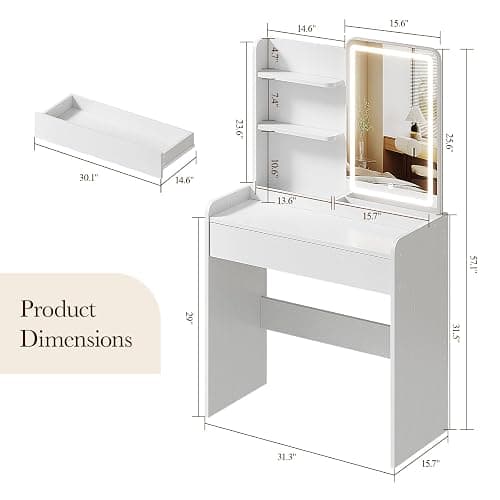 Memobarco Small Vanity Desk with Mirror and Lights, Makeup Vanity with Drawer & Storage Shelves, Vanity Desk with 3 Lighting Modes & Adjustable Brightness, Dressing Table for Women Girls Bedroom,White thumbnail 2