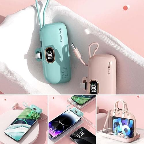 Mini Portable Charger with Built-in Cable, 22.5W High-Speed Portable Chargers, Fast Charging 5000mAh Battery Pack, Mini Charger Bank with Built-In Foldable USB-C Connector For Smartphone (Pink) thumbnail 2