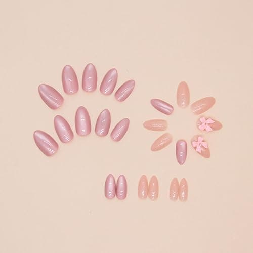 Hkanlre Pink Press on Nails Medium Bow Fake Nails Tips Full Cover Almond False Cute Nails for Women and Girls 24PCS thumbnail 2