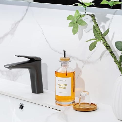 BONLONG 11.8OZ Glass Mouthwash Dispenser for Bathroom with Stainless Steel & Bamboo Nozzle, Mouthwash Cup Reusable, Bamboo Tray, and Elegant Gold Sticker.（Clear) thumbnail 5