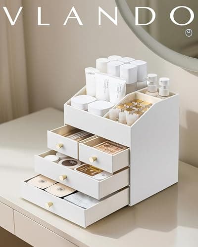 Vlando Makeup Organizer Countertop,Large Vanity Organizer PU Leather Make up Storage with 4 Drawers Skin care Organizer Cosmetic Display Case for Lipstick,Brushes,Bedroom-White thumbnail 7