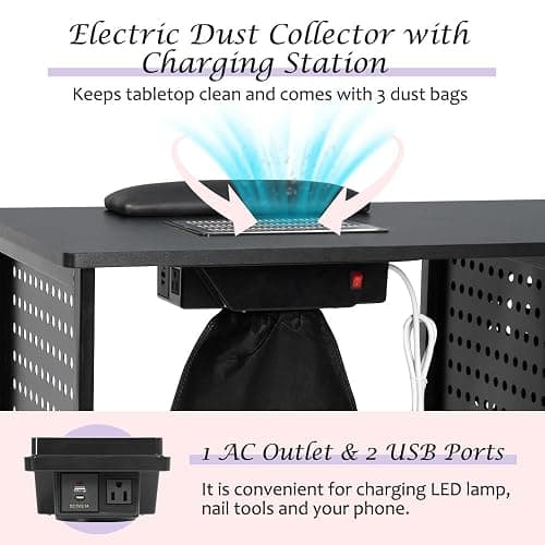 AGESISI Nail Desk for Nail Tech Manicure Table with Dust Collector Charging Station, Nail Tech Table with 4 Storage Drawers, LED Lamp, Lockable Wheels, Nail Station for Home & Spa Salon, Black thumbnail 4