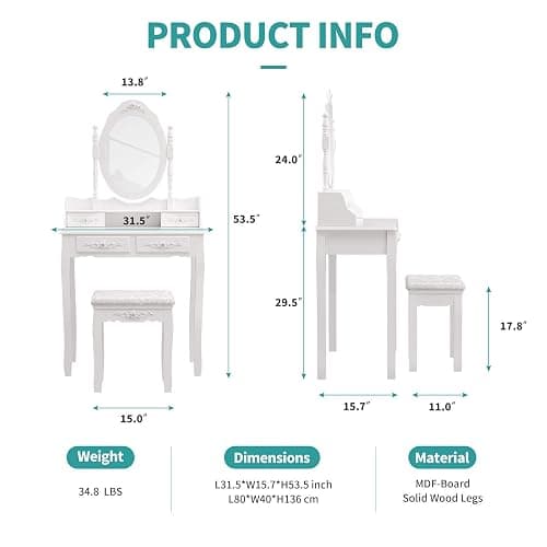 Alohappy Makeup Vanity Set with Mirror & Stool for Girls, Vanity Table and Cushioned Stool Set with 4 Drawers, Wood Dressing Table for Bedroom thumbnail 3