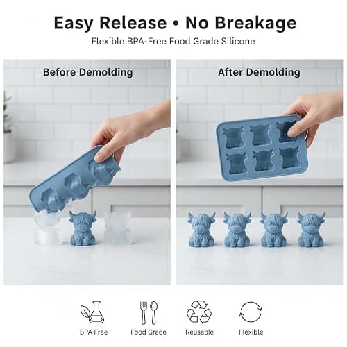 Mini Highland Cow Ice Cube Mold, 3D Cute Cattle Silicone Ice Cube Trays for Whiskey Cocktails Beer Coffee & Drinks Party, Reusable Animal Dessert Mold, Easter Gifts for Friends & Cow Lovers (6-Cavity) thumbnail 3