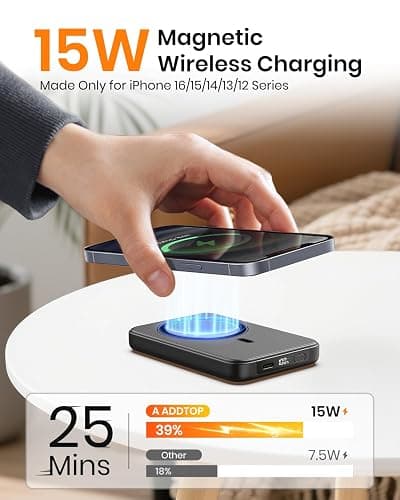 A ADDTOP Magnetic Portable Charger 10000mAh Slim - 15W Wireless Power Bank with USB-C Cable - 20W Fast Charging PD QC 3.0 Battery Pack for iPhone 16/15/14/13/12 (Black) thumbnail 2