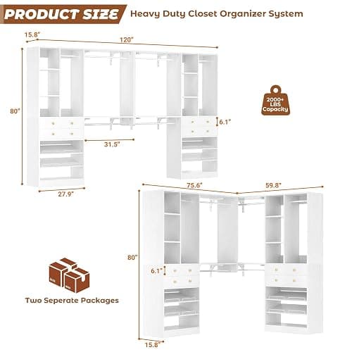 10FT Closet System with 4 Drawers, 120" Closet Organizer System with 6 Hanging Robs & Reversible Hanging Shelving, Closet Systems for Walk-in Closets, Load 2000+LBS, White thumbnail 3