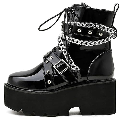 Parisuit Womens Goth Patent Ankle Boots Platform Chunky High Heel Lace Up Combat Boots Punk Short Booties thumbnail 6