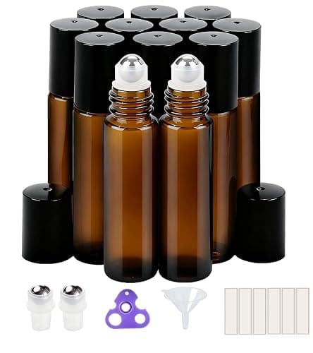 PrettyCare 12-Pack Roller Ball Applicator- Amber Glass Roller Bottles for Essential Oil with Stainless Steel Roller Ball - 10 ml Refillable Leak-proof Empty Roll on Bottles with Caps for Perfume - Image 1