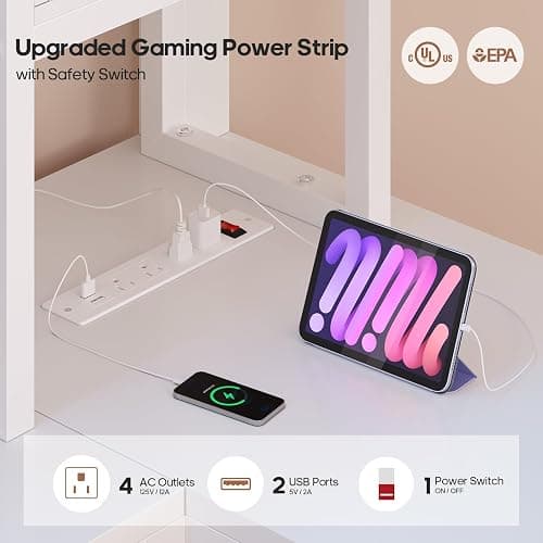 ADORNEVE Loft Bed Twin Size with Gaming Desk & Hutch, Storage Drawers, Safety Power Outlet, Metal Loft Bed Frame with RGB Lights, Space Saving Gaming Loft for Kids, Guardrail & Ladder, White thumbnail 4