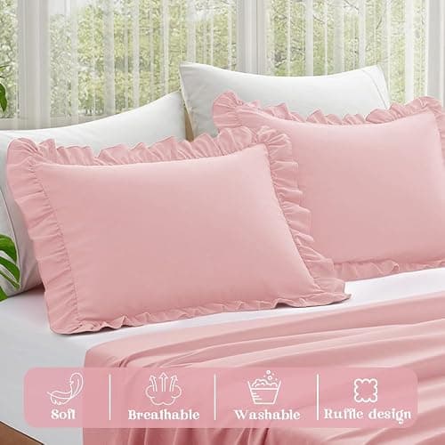 KKJIAF Ruffle Pillow Cases Standard Size Set of 2, Ruffled Pillow Covers with Envelope Closure, Wrinkle Resistant Pillowcases 20" x 26", Ruffled Pillow Shams, Light Pink thumbnail 4