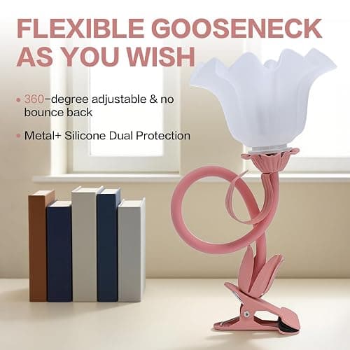 Clip On Light and Flower Bedside Table Lamp, Flexible Gooseneck Reading Book Light with 3 Color Modes, Night Light for Kids Nursery, Clip on for Desk, Bed Headboard, Dorm (Pink) thumbnail 5