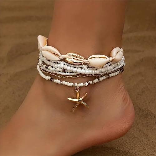 Qceasiy Shell Ankle Bracelet Set for Women, Gold Plated Boho Bead Adjustable Anklet, Hawaiian Beach Seashell Pearl Heart Starfish Conch Foot Jewelry Gifts thumbnail 5