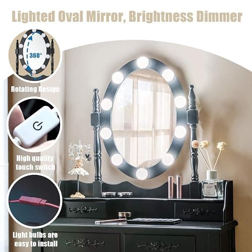 Giantex Makeup Vanity Table with 10 LED Lights, Adjustable Brightness, 4 Drawers, Rotatable Mirror, Cushioned Stool, Vanity Desk Dressing Table Bedroom Furniture (Black) thumbnail 4