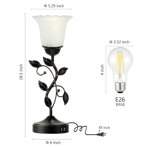 RORIANO Touch Bedside Lamp with 2 USB Charging Ports, 3-Way Dimmable Nightstand Lamps, White Glass Shade Vintage Rural Leaf Lamp for Living Room Tabletop Bedroom Side Table, LED Bulb Included thumbnail 4