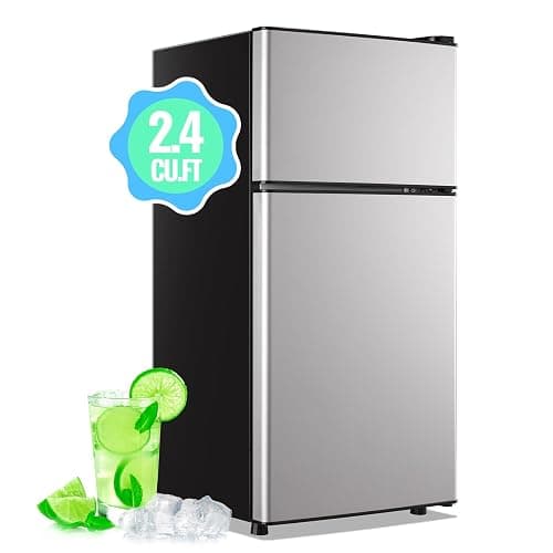 DEMULLER Mini Fridge with Freezer, 2.4 Cu.Ft Personal Refrigerator Only for One Person Use, Silver Tiny Small Size Refrigerator with 7 Level Adjustable Temperature and Double Door - Image 1