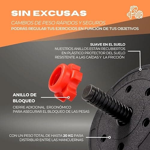 Mobiclinic® , Mancuernas ajustables, 2 en 1, Peso de 2-30 kg, Incluye y barra extensión acolchada, Tuercas antideslizantes, Acero resistente, Gym casa thumbnail 5