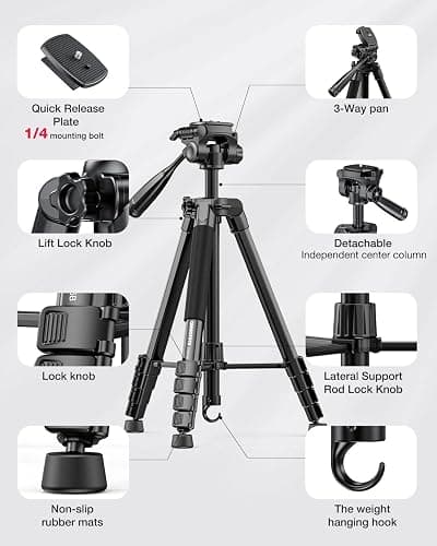 CAMBOFOTO 73" Camera Tripod and Monopod, Professional Aluminum Tripod Stand for Mirrorless Camera/DSLR/Cell Phone/Camcorder/GoPro, with Phone Holder and Travel Bag (Black) thumbnail 6