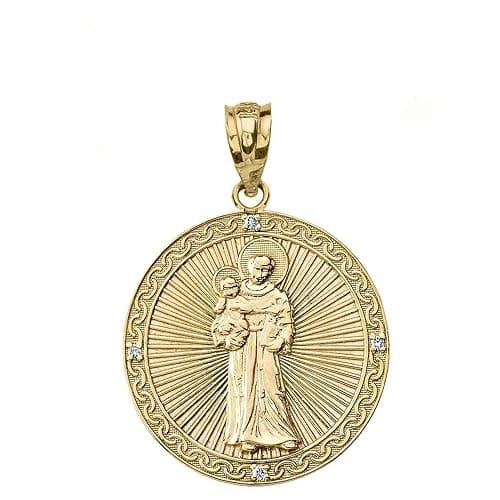 Solid 14k Gold Round St. Anthony of Padua Medal Pendant with Diamond (1.17") - Image 1