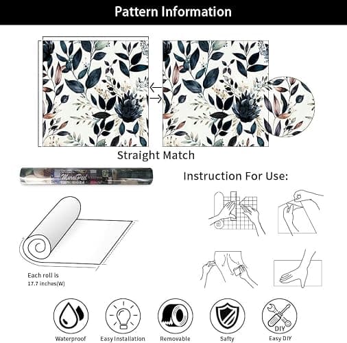 MuralPeel Dark Blue/Yellow Leaf Floral Peel and Stick Wallpaper Vintage Easy Peel Off Self Adhesive Removable Stick on Wall Paper for Kitchen Cabinet Renter Friendly thumbnail 5
