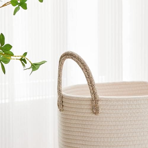 VIPOSCO Large Laundry Hamper, Tall Woven Rope Storage Basket for Blanket, Toys, Dirty Clothes in Living Room, Bathroom, Bedroom - 53L White & Brown thumbnail 4