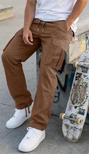 HUNGSON Mens Cargo Pants Drawstring Casual Hiking Pants Joggers Athletic Trousers Cotton Loose Straight Sweatpants for Men thumbnail 7