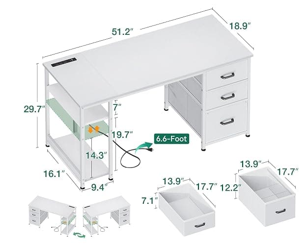 AODK 51 Inch Computer Desk with File Drawers & USB Power Outlets - Reversible Home Office Desk with Storage Shelves, Work from Home, Modern Work/Writing/Study Table for Bedroom, White thumbnail 3