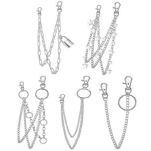 VEINTI+1 5 Pieces Silver Jeans Pants Chain Belt Goth Grunge Chain Pocket Waist Chain with Star Moon Snake Lock Decorations for Women/Men - Star Lock