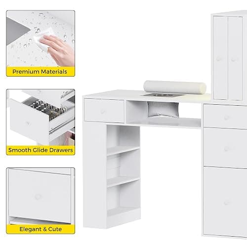 Kikihouse Double Manicure Table for Nail Tech w/LED Light Display Cabinet, Professional Nail Desk with Dust Collector, Drawers, Wrist Rest, Acetone-Resistant, for Beauty Salon, Spa & Home Workstation thumbnail 6
