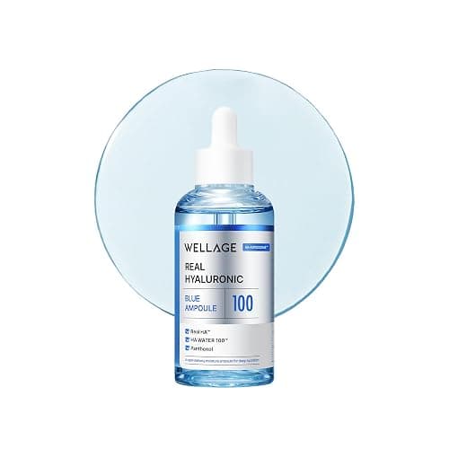 WELLAGE Real Hyaluronic Blue Ampoule 100, Korean Serum, Fragrance Free Hyaluronic Acid Ampoule with Panthenol, Wild yam, Centella for Sensitive Dry Skin Moisturizer 2.54 fl.oz - Image 1