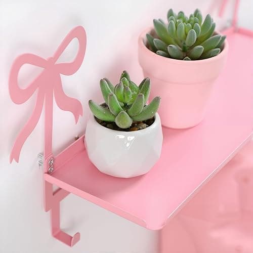 Otoolling Wall Hooks with Shelf Pink Bow Key Holder Metal Coat Clothes Rack Wall-Mounted Entryway Hanging Shelves with 5 Metal Hooks Cute Coquettish Room Wall Decor for Nursery Room Bedroom Kitchen thumbnail 5